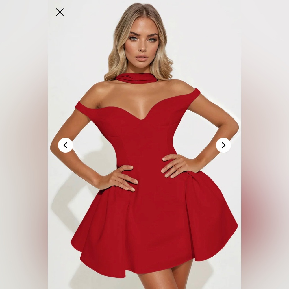 Fashion Nova Grand Beauty Off Shoulder Mini Dress - Red *scarf not included* - Picture 2 of 10